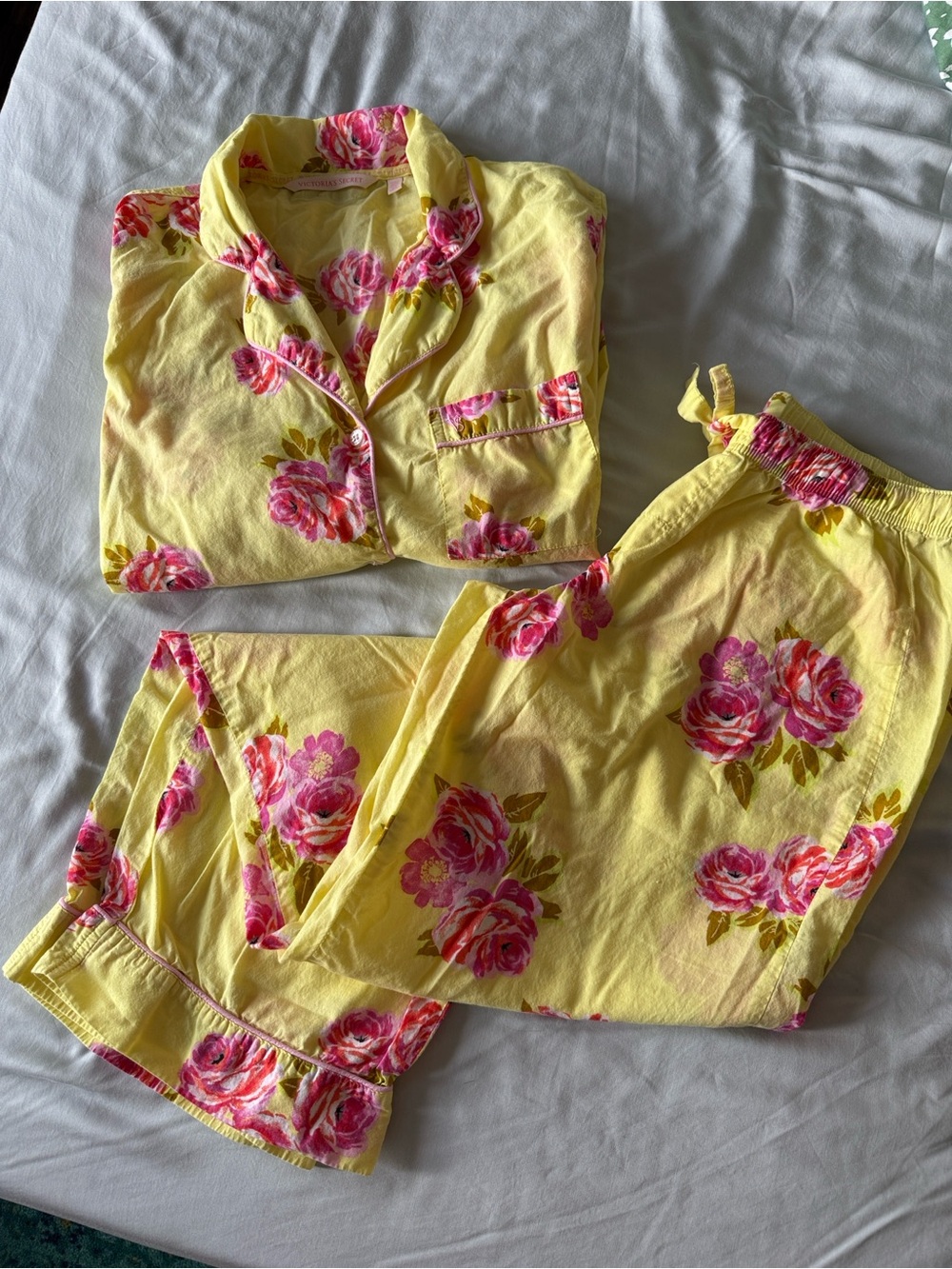 Victoria's Secret Yellow Pajama Set with Pink Rose Print and Trim